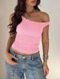 Women Sexy Pink One Shoulder Crop Top Ribbed Knit Slim Fit Sleeveless Vest For Summer Streetwear Party Clubwear Daily Wear