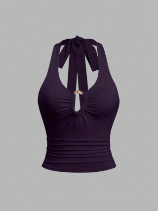 Women's Sexy Halter Neck Camisole With Golden Metal Ring Polyester Elastane Slim Fit Cropped Tank Top Summer Sleeveless Backless Tie Up Vest For Party Clubwear