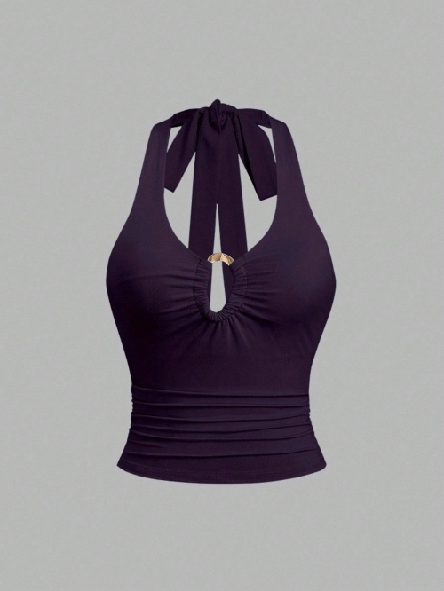 Women's Sexy Halter Neck Camisole With Golden Metal Ring Polyester Elastane Slim Fit Cropped Tank Top Summer Sleeveless Backless Tie Up Vest For Party Clubwear