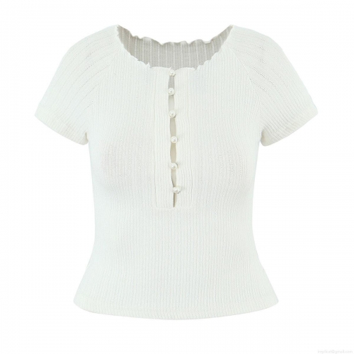 Women's Retro Ribbed Knit Henley T-Shirt Pearl Buttons Off-Shoulder Slim Fit Short Sleeve Wavy Edge Summer Street Style Top