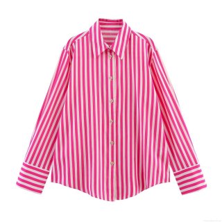 Women's Striped Long Sleeve Button Down Blouse Polyester Linen Blend Loose Fit Contrast Color Lapel Shirt For Daily Spring Summer Casual Streetwear