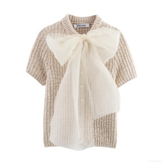 Women's Knitted Polyester Short Sleeve T-Shirt With Large White Organza Bow Decoration Round Neck Off-White Elegant Pullover Top For Summer Party Streetwear