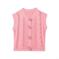Women's Fashion Cable Knit Vest Cardigan Solid Color Round Neck Sleeveless Top With Flower Buttons Casual Spring Autumn Knitted Sweater Vest For Ladies