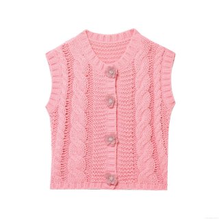Women's Fashion Cable Knit Vest Cardigan Solid Color Round Neck Sleeveless Top With Flower Buttons Casual Spring Autumn Knitted Sweater Vest For Ladies