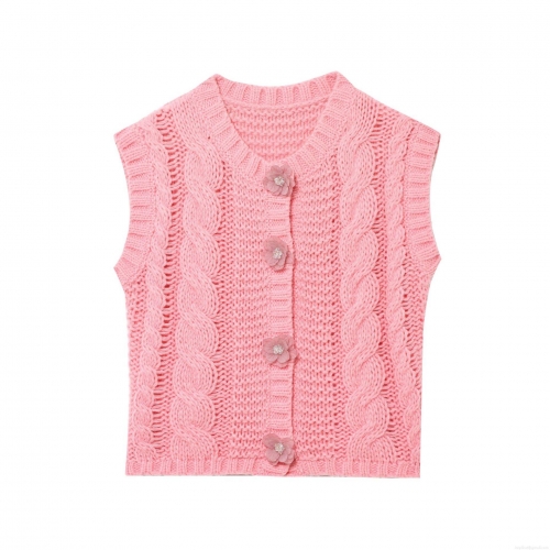 Women's Fashion Cable Knit Vest Cardigan Solid Color Round Neck Sleeveless Top With Flower Buttons Casual Spring Autumn Knitted Sweater Vest For Ladies