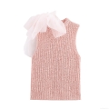 Women's Sleeveless Round Neck Knitted Tank Top With Large Organza Bow Decoration Chic Polyester Streetwear Summer Casual Peachy Pink Top
