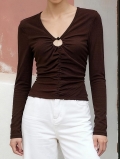 Women's Retro Brown V-Neck Long Sleeve Top Ribbed Ruched Slim Fit Knit T-Shirt With Hollow Out Buckle Detail Chic Casual Spring Autumn Streetwear