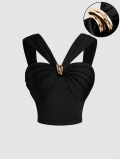 Women's Black Slim Fit Crop Tank Top Polyester Elastane With Gold Metal Ring Detail Sexy Sleeveless Ruched Camisole For Summer Party Streetwear