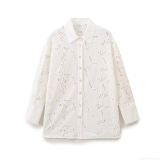 Women's Casual Hollow Out Embroidered Shirt Cotton Blend Long Sleeve Turn-down Collar Loose Blouse for Commuting Work Streetwear White Tops