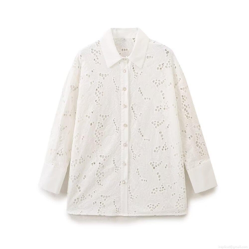Women's Casual Hollow Out Embroidered Shirt Cotton Blend Long Sleeve Turn-down Collar Loose Blouse for Commuting Work Streetwear White Tops