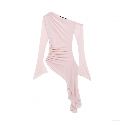 Women's Sexy Asymmetric Off-Shoulder Mesh Top Elegant Ruched Long Sleeve Tee Shirt Solid Light Pink Slim Fit Streetwear T-Shirt For Party Dating