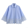 Women's Light Blue Long Sleeve Lapel Shirt With White Floral Eyelet Hollow Embroidery Cotton Blend Loose Button Down Blouse For Spring Daily Streetwear