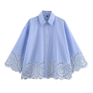 Women's Light Blue Long Sleeve Lapel Shirt With White Floral Eyelet Hollow Embroidery Cotton Blend Loose Button Down Blouse For Spring Daily Streetwear