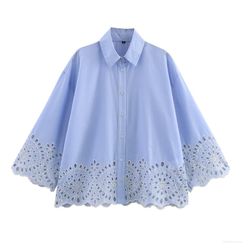 Women's Light Blue Long Sleeve Lapel Shirt With White Floral Eyelet Hollow Embroidery Cotton Blend Loose Button Down Blouse For Spring Daily Streetwear
