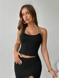 Women's Sexy Halter Neck Tank Top With Gold Metal Ring Asymmetric Open Back Cropped Vest Black Polyester Elastane Summer Party Top