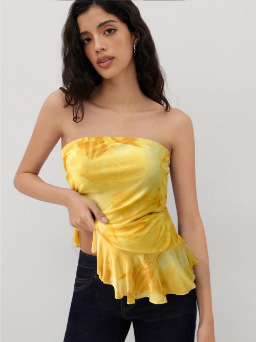 Women's Sexy Yellow Tie-Dye Bandeau Tube Top With Peplum Hem Sleeveless Polyester Elastane Mesh Summer Boho Casual Crop Top