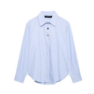 Women's Casual Fashion Long Sleeve Light Blue Button Up Poplin Shirt Stylish Loose Fitting Blouse With Decorative Buttons Streetwear Tops