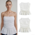 Women's Summer Sexy Strapless Tube Top Pleated Ruffle Hem Slim Fit Sleeveless Crop Top Solid White Trendy Streetwear For Party Club Evening Date Night Out Polyester Tank Top