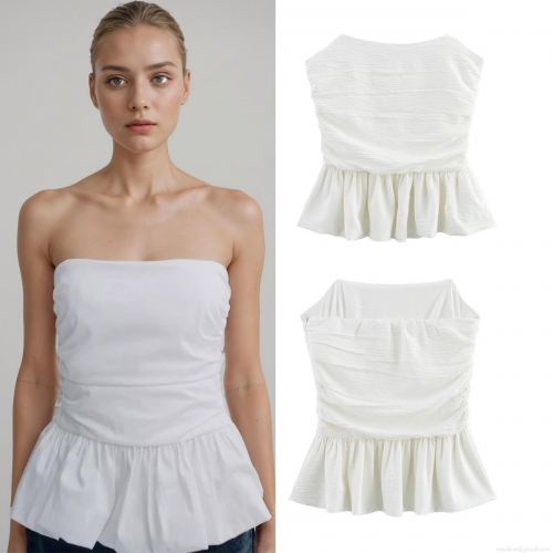 Women's Summer Sexy Strapless Tube Top Pleated Ruffle Hem Slim Fit Sleeveless Crop Top Solid White Trendy Streetwear For Party Club Evening Date Night Out Polyester Tank Top