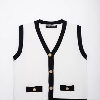 Women's V-Neck Knitted Vest Fashion Tweed Style Colorblock Sleeveless Sweater Top With Golden Buttons For Office Daily Wear Casual Knit Cardigan