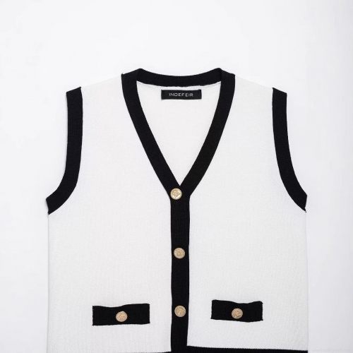 Women's V-Neck Knitted Vest Fashion Tweed Style Colorblock Sleeveless Sweater Top With Golden Buttons For Office Daily Wear Casual Knit Cardigan