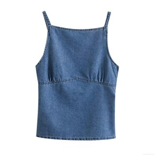 Women's Denim Look Polyester Camisole Top Backless Summer Sexy Blue Slim Fit Tank Top For Casual Streetwear Women Clothing