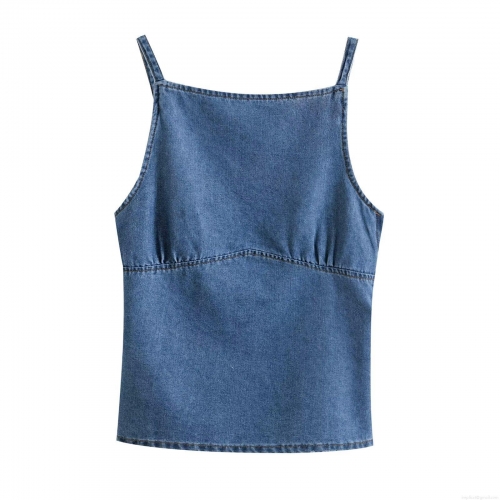 Women's Denim Look Polyester Camisole Top Backless Summer Sexy Blue Slim Fit Tank Top For Casual Streetwear Women Clothing