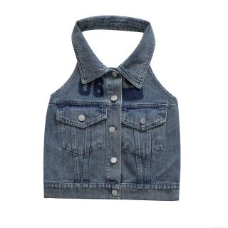 Women's Dark Blue Denim Halter Neck Crop Top Backless Button Down Sleeveless Vest With Pockets Fashion Streetwear Casual Summer Tank Top For Women