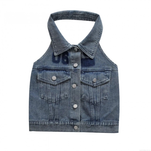 Women's Dark Blue Denim Halter Neck Crop Top Backless Button Down Sleeveless Vest With Pockets Fashion Streetwear Casual Summer Tank Top For Women