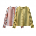 Women's Casual Striped Long Sleeve Shirt Polyester Contrast Color Round Neck Button Down Blouse Top for Spring Summer Streetwear Fashion