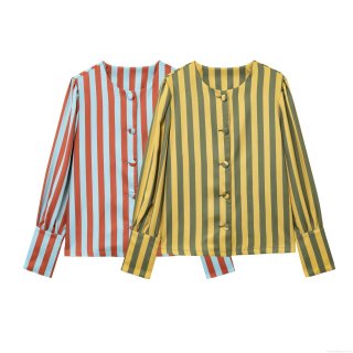 Women's Casual Striped Long Sleeve Shirt Polyester Contrast Color Round Neck Button Down Blouse Top for Spring Summer Streetwear Fashion