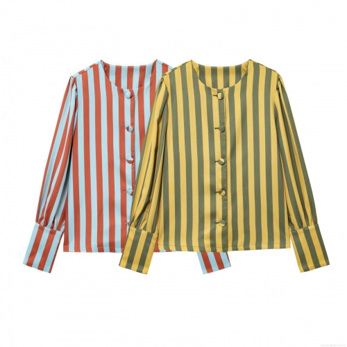 Women's Casual Striped Long Sleeve Shirt Polyester Contrast Color Round Neck Button Down Blouse Top for Spring Summer Streetwear Fashion
