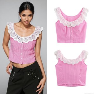 Women's Pink Gingham Plaid Tank Top With White Lace Trim V-Neck Button Down Cropped Cami Summer Sleeveless Sweet Streetwear Blouse Tops