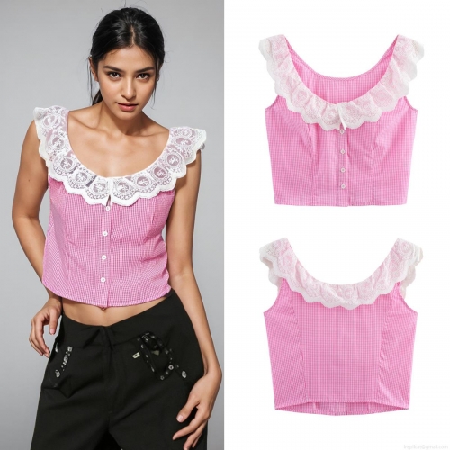 Women's Pink Gingham Plaid Tank Top With White Lace Trim V-Neck Button Down Cropped Cami Summer Sleeveless Sweet Streetwear Blouse Tops