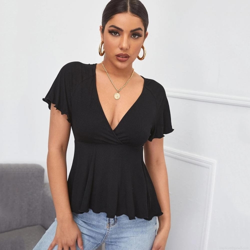 Women's V Neck Ribbed Knit T-Shirt Slim Fit Viscose Short Sleeve Peplum Top Ruffle Hem Casual Blouse For Women Streetwear
