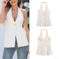 Women Fashion Sexy Halter Neck Suit Vest 100% Polyester Slim Fit Backless Deep V Neck Sleeveless Tank Top For Summer Streetwear Office Lady