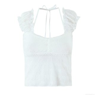 Women's White Floral Lace Blouse Halter Neck Tie Front Puff Sleeve Crop Top Summer Sexy Cotton Blend Retro Streetwear Short Shirt