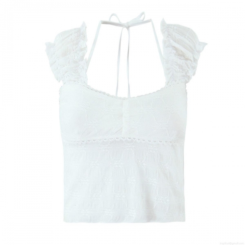 Women's White Floral Lace Blouse Halter Neck Tie Front Puff Sleeve Crop Top Summer Sexy Cotton Blend Retro Streetwear Short Shirt