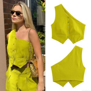 Women's Fashion One Shoulder Asymmetric Vest Single Breasted Linen Texture Tank Top Summer Streetwear Crop Waistcoat For Ladies