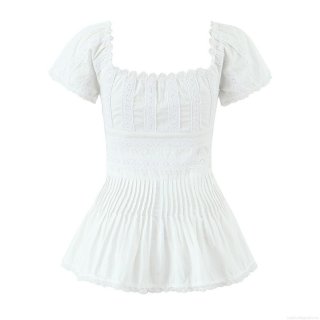 Women Elegant White Lace Spliced Pleated Blouse French Vintage Square Neck Puff Short Sleeve Cotton Shirt Slim Fit Casual Top For Summer Dating