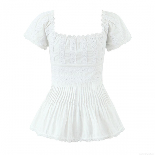 Women Elegant White Lace Spliced Pleated Blouse French Vintage Square Neck Puff Short Sleeve Cotton Shirt Slim Fit Casual Top For Summer Dating