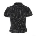 Women's Vintage Polka Dot Puff Short Sleeve Blouse Retro Turn-down Collar Button Down Shirt Summer Casual Waist Slimming Top For Ladies