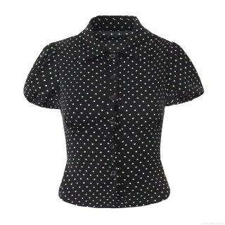 Women's Vintage Polka Dot Puff Short Sleeve Blouse Retro Turn-down Collar Button Down Shirt Summer Casual Waist Slimming Top For Ladies
