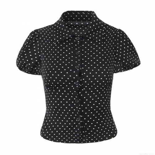 Women's Vintage Polka Dot Puff Short Sleeve Blouse Retro Turn-down Collar Button Down Shirt Summer Casual Waist Slimming Top For Ladies