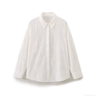 Women's Elegant Flower Embroidery Long Sleeve Cotton Blend Blouse Shirt Turn-Down Collar Loose Button Down Top Streetwear Casual Clothing