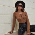 Women's Sexy V Neck Lace-up Ribbed Knit Long Sleeve T-Shirt Slim Fit Twist Texture Pullover Top Autumn Caramel Brown Elegant Solid Color Commuting Knitwear Blouse