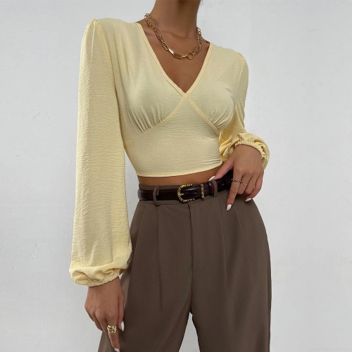 Women Sexy V Neck Crop Top Blouse Backless Cross Tie Up Long Bubble Sleeve Wrinkled Texture Polyester Shirt Summer Streetwear Party Clubwear Top For Ladies