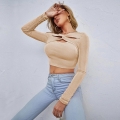 Women's Sexy Hollow Out Twist Front Long Sleeve T-Shirt Slim Fit Knitted Crop Top For Clubwear Party Date Night Solid Color Khaki Ribbed Top