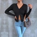 Women's Sexy V Neck Ribbed Knit Long Sleeve T-Shirt Slim Fit Crop Top with Side Split Hem Elegant Commuter Solid Color Polyester Pullover Top for Ladies