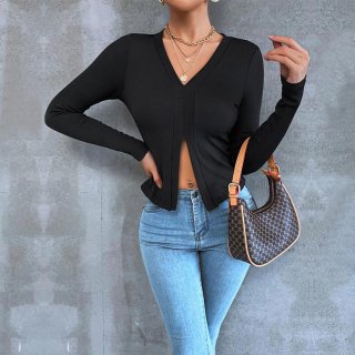 Women's Sexy V Neck Ribbed Knit Long Sleeve T-Shirt Slim Fit Crop Top with Side Split Hem Elegant Commuter Solid Color Polyester Pullover Top for Ladies